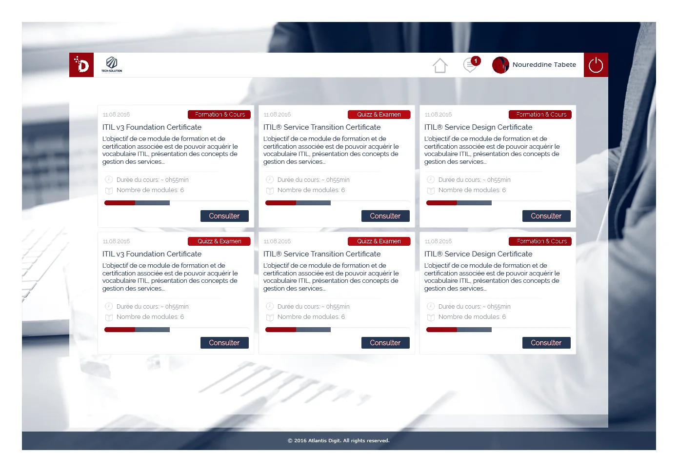 Capture du catalogue de la plateforme e-Learning